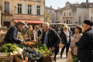 Authentic outdoor market scene on a sunlit village plaza, local vendor and elderly client sharing a natural moment near produce stalls, terracotta rooftops and lively ambiance in warm golden light.