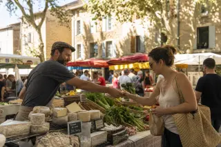 Artisan and customer at outdoor market in Digne-les-Bains, interacting naturally among fresh produce with morning sunlight and village buildings in the background.