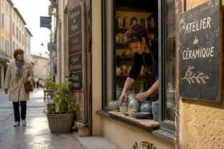 Artisan arranging ceramics in a shop window on a narrow Digne-les-Bains street bathed in early morning light, with a passerby adding life to the scene.