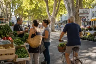 Locals interacting with a market vendor in early morning light on a Provençal street, with a bicycle and baskets nearby, candid atmosphere, natural golden ambiance.
