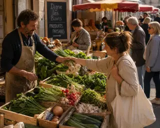 Candid scene inside Digne-les-Bains covered market where a local producer weighs vegetables for an elderly woman, golden morning light highlighting authentic exchanges among market stalls.