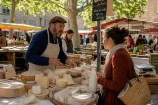 Cheese producer and customer in natural conversation at a morning market stall in Digne-les-Bains, surrounded by artisanal products in golden sunlight