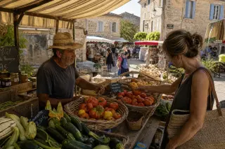 Local farmer and customer in quiet exchange at a Provençal village market stall, morning sun casting warm light over baskets of produce.