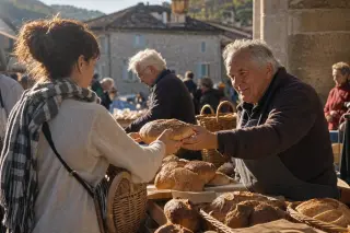 early morning market in Haute-Provence, local producer handing artisan bread to a customer, warm sunlight, authentic village ambiance