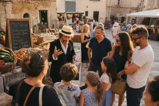 Magician performing a card trick at an outdoor market in Antibes, surrounded by attentive adults and children in warm late afternoon light.