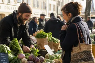 Organic farmer and customer interacting at a rustic produce stall in a Provençal outdoor market, early morning golden light, candid atmosphere.