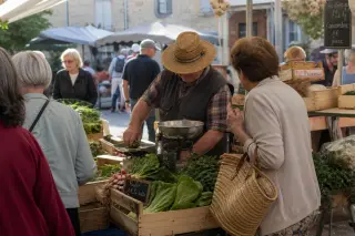Casual early morning scene at a rustic outdoor market, local farmer weighing vegetables for a client, stone village and market stalls in the background, warm natural light.