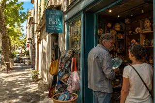 Artisan arranging pottery inside an independent boutique in a sunlit stone street, chatting with a passerby under leafy trees in Digne-les-Bains