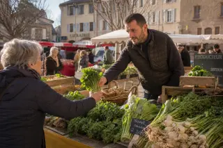 Market vendor handing produce to a villager at an outdoor market in Digne-les-Bains early in the morning, with natural golden light and authentic atmosphere.