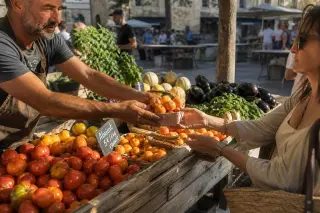 Local market scene at dawn with a producer handing produce to a customer, lively town backdrop, warm sunlight, candid interactions, authentic atmosphere.